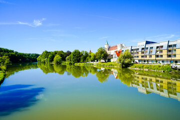 View of the Danube and the surrounding landscape near Lauingen. Nature along the river in the district of Dillingen an der Donau.
