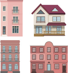 Colorful cartoon houses illustration set, charming residential buildings, playful architecture designs, cute town homes, whimsical urban facades, vibrant neighborhood artwork