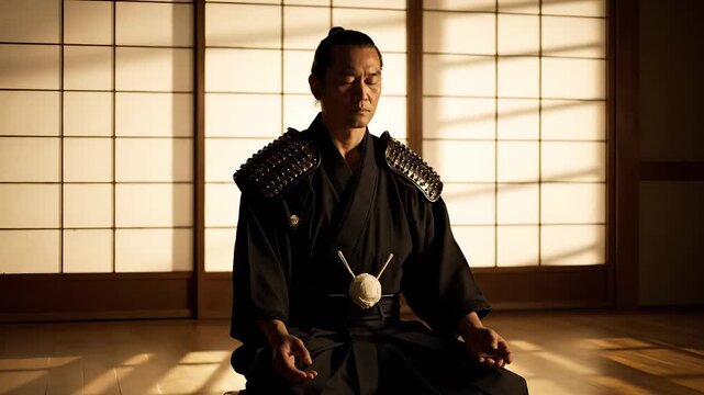 Samurai meditation in shoji room. Warrior sits cross legged on tatami floor. Zen practice shows calm focus and steady breathing. Katana and armor sit near waist. Traditional dojo bathed in soft light.