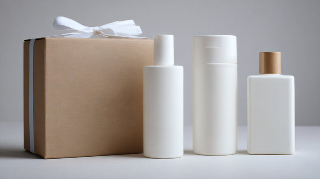 Set de botellas cosm&eacute;ticas blancas con caja de cart&oacute;n y lazo, presentaci&oacute;n elegante de productos de cuidado personal
