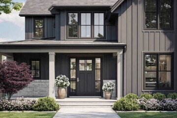Modern dark gray home entrance with stone and wood siding.
