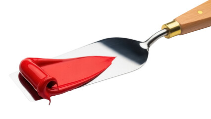 Red paint on a palette knife isolated PNG, thick glossy color for artistic projects on transparent background