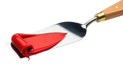 Red paint on a palette knife isolated PNG, thick glossy color for artistic projects on transparent background