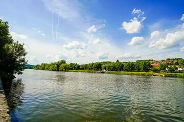 View of the Main River and the surrounding landscape near Ochsenfurt.
