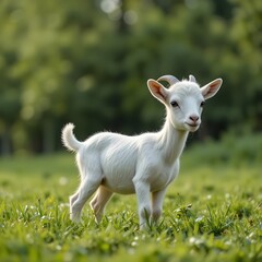 Obraz premium A baby goat in grassy feild natural landscape meadow springtime sustainable farming