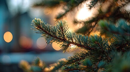 Close-up of evergreen needles against bokeh lights. Sun filters through the branches