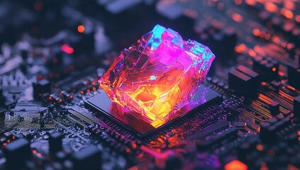 Glowing neon crystal processor rests upon a dark futuristic circuit board symbolizing advanced artificial intelligence and quantum computing power