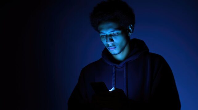 African American high schooler texting with his friend. Addiction to social media among youth. Account on social media app