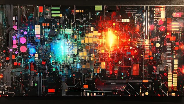 Vibrant abstract digital circuit board glowing with intense blue and fiery red light representing complex data processing and futuristic technology - Powered by Adobe