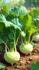 Fresh Kohlrabi Growing in a Garden - A Vibrant Harvest.