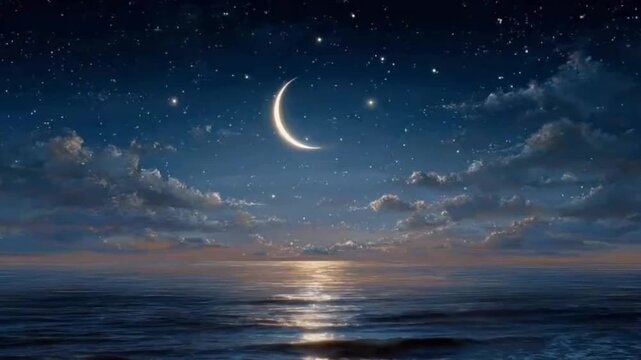 A serene and magical nightscape featuring a luminous crescent moon hanging in a deep, star-filled sky. Gentle clouds drift over a calm ocean, as moonlight creates a shimmering, golden reflection on th