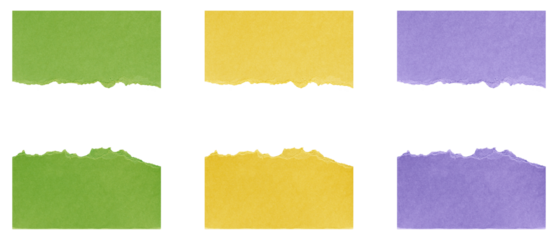Set of cardboard scraps in Easter colors: yellow, lilac, and green. With textured torn edges and textured paper. For use as frames or individually. Isolated on transparent background. PNG