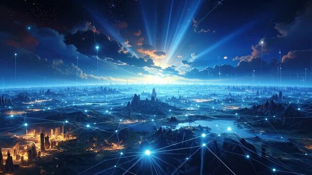 Futuristic city landscape with connected network and cosmic background art design