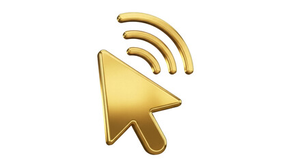 Golden cursor arrow with wifi signal PNG isolated on transparent background, wireless internet connection symbol for web design