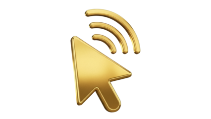 Golden cursor arrow with wifi signal PNG isolated on transparent background, wireless internet connection symbol for web design