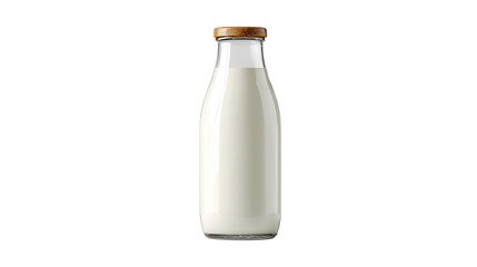 Milk in classic glass bottle with wooden lid on transparent background illustration