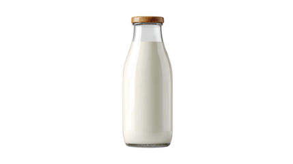 Milk in classic glass bottle with wooden lid on transparent background illustration