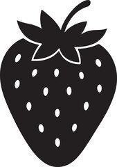 Collection of black and white fruit silhouettes, including strawberry, apple, banana, pear, papaya, pomegranate, mangosteen, and avocado. Ideal for healthy eating, food icons, and minimalist design.