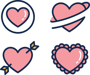 Set of four minimalist heart icons in soft pastel colors, love symbols including arrow heart, lacy heart and simple outlined heart designs