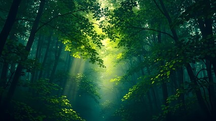 A magical forest scene where sunlight illuminates the dense woods and fog