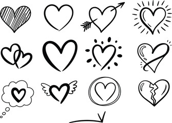 Set of twelve hand-drawn heart doodles in black line art, cute sketch icons including arrow heart, broken heart and decorative hearts