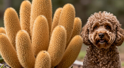 a close-up of a small brown dog with curly fur. The dog is looking directly at the camera with a curious expression. In the background, there is a large group of yellow cactus plants