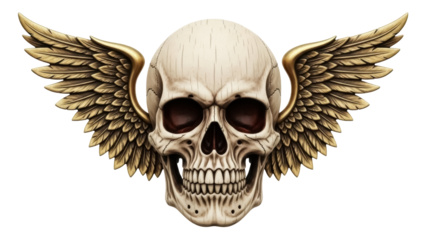 Detailed skull with golden wings isolated PNG on transparent background, gothic macabre design element for dark fantasy themes