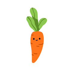 Cute funny carrot, stuffed plush toy. Kawaii food character, farm vegetable with happy smiling face, green leaf top. Kids plaything. Flat vector illustration isolated on white background