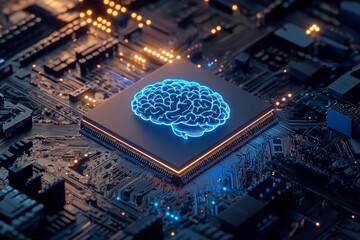 Glowing blue artificial intelligence brain icon rests upon a central processing unit chip on a complex dark electronic circuit board background