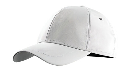 Fototapeta premium White baseball cap angled view with detailed stitching on transparent background isolated