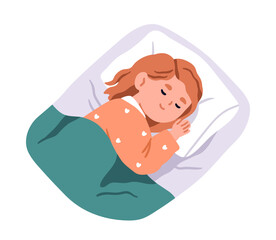 Sleeping girl lying on pillow in bed. Cute child asleep under blanket, resting, slumbering at night. Little kid dreaming, reposing, relaxing. Flat vector illustration isolated on white background