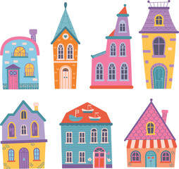 Whimsical colorful cartoon houses illustration set, cute fantasy homes, playful architecture designs, charming decorative buildings, kids town clipart artwork