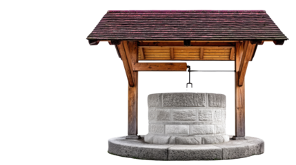Wooden Well Structure with Stone Base and Roof over Water Source