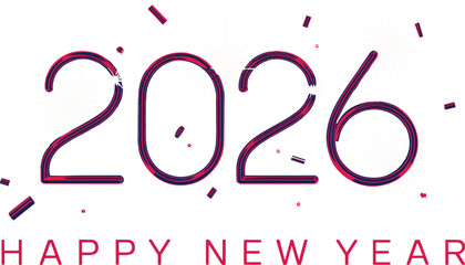 Modern 2026 Happy New Year celebration typography with festive fireworks, colorful line art numbers, minimalist holiday greeting design for vibrant vector illustration © Ashik World