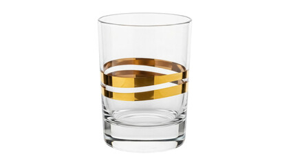 Elegant glass tumbler with gold stripes isolated PNG on transparent background, stylish glassware for drinks and home decor