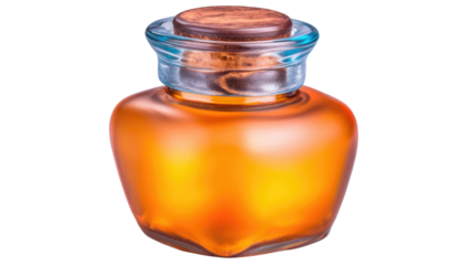 Amber Glass Jar with Wooden Lid Filled with Golden Liquid