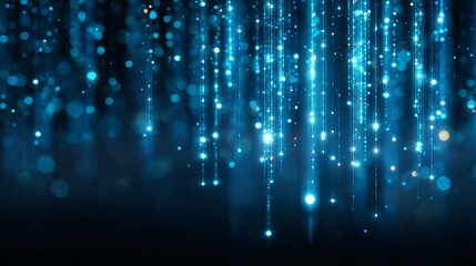 Futuristic blue digital background with glowing data lines, binary code, neon particles and descending tech rain, high-tech sci-fi abstract design.