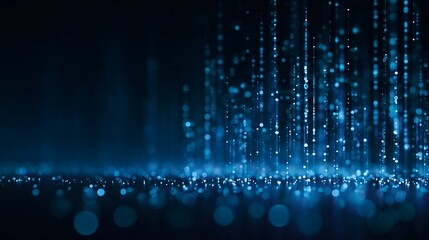 Futuristic blue digital background with glowing data lines, binary code, neon particles and descending tech rain, high-tech sci-fi abstract design.