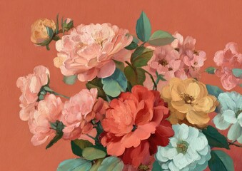 Close-up of lush bouquet with varying colors, lush foliage, on orange background