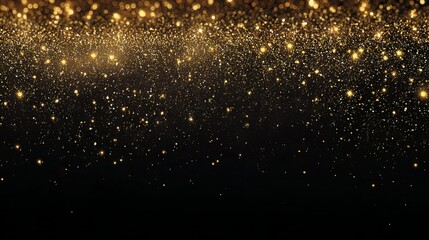 Luxurious golden glitter and sparkling dust falling on black background, elegant shimmering particles with premium festive glow.
