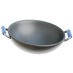 A 3d render of a dark gray or black wok with two light blue handles on opposite sides, featuring a wide, round bottom and a glossy finish, presented on a transparent background