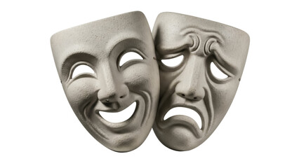Comedy and tragedy masks isolated PNG on transparent background, theatrical drama symbols representing happy and sad emotions