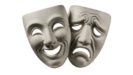 Comedy and tragedy masks isolated PNG on transparent background, theatrical drama symbols representing happy and sad emotions