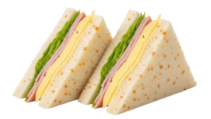 Two triangle sandwiches with ham, cheese, and lettuce isolated PNG, delicious snack for lunch or picnic on transparent background