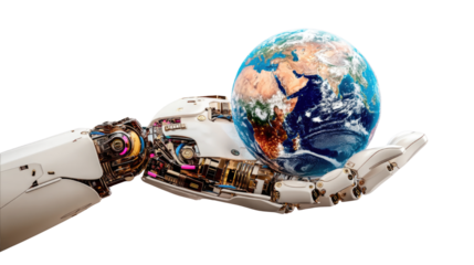 Robotic Hand Cradling Earth Symbolizing Technology and Sustainability