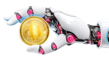 Robot Hand Holding Golden Bitcoin Coin with Futuristic Design