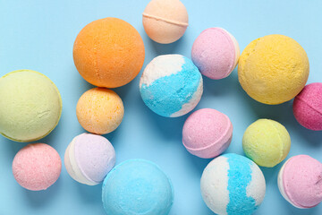 Composition with different bath bombs on color background