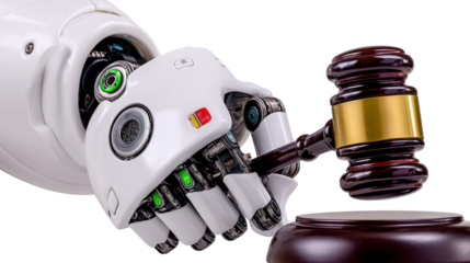 Robotic Hand Holding Gavel Symbolizing Law and Technology Integration