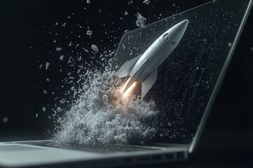 Small silver rocket blasts off from a laptop screen creating smoke and debris symbolizing digital startup growth and rapid technological breakthrough