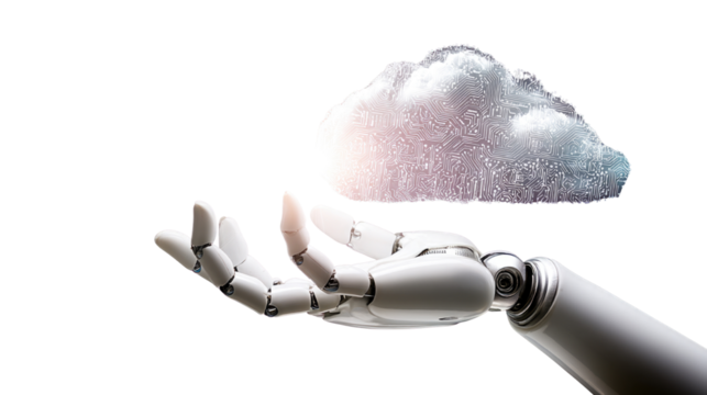 Robotic Hand Reaching for Cloud with Digital Patterns and Light Effects - Powered by Adobe